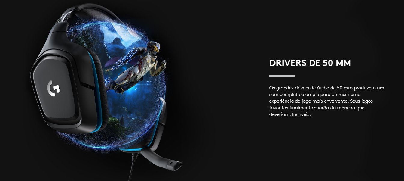  Headset Gamer Logitech G432 Som Surround 7.1 Drivers 50mm Preto/Azul 